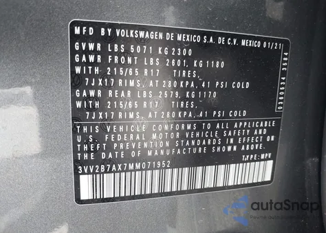 2021 Volkswagen Tiguan 2.0T Se/2.0T Se R-Line Black/2.0T Sel z USA, uszkodzony, nr VIN 3VV2B7AX7MM071952